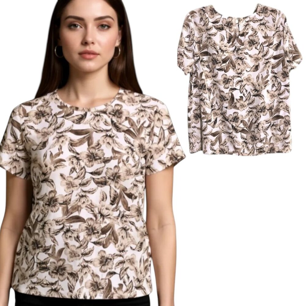 J Jill  Floral Blouse Women's Size L Brown White Short Sleeve Career Office Top